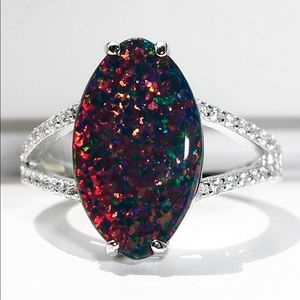 925 STERLING SILVER Lab Created Black Opal CZ Ring